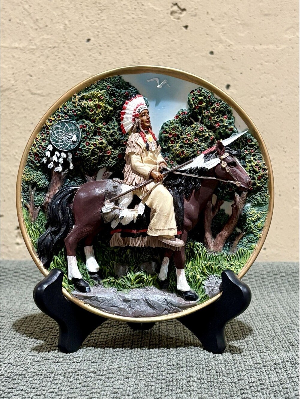 Vintage Cadona Native American Warrior On Horse 3D Collector Plate With Stand